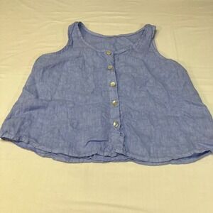 Italian Blue 100% Linen‎ Button Front Tank Top Sleeveless Blouse Medium Coastal